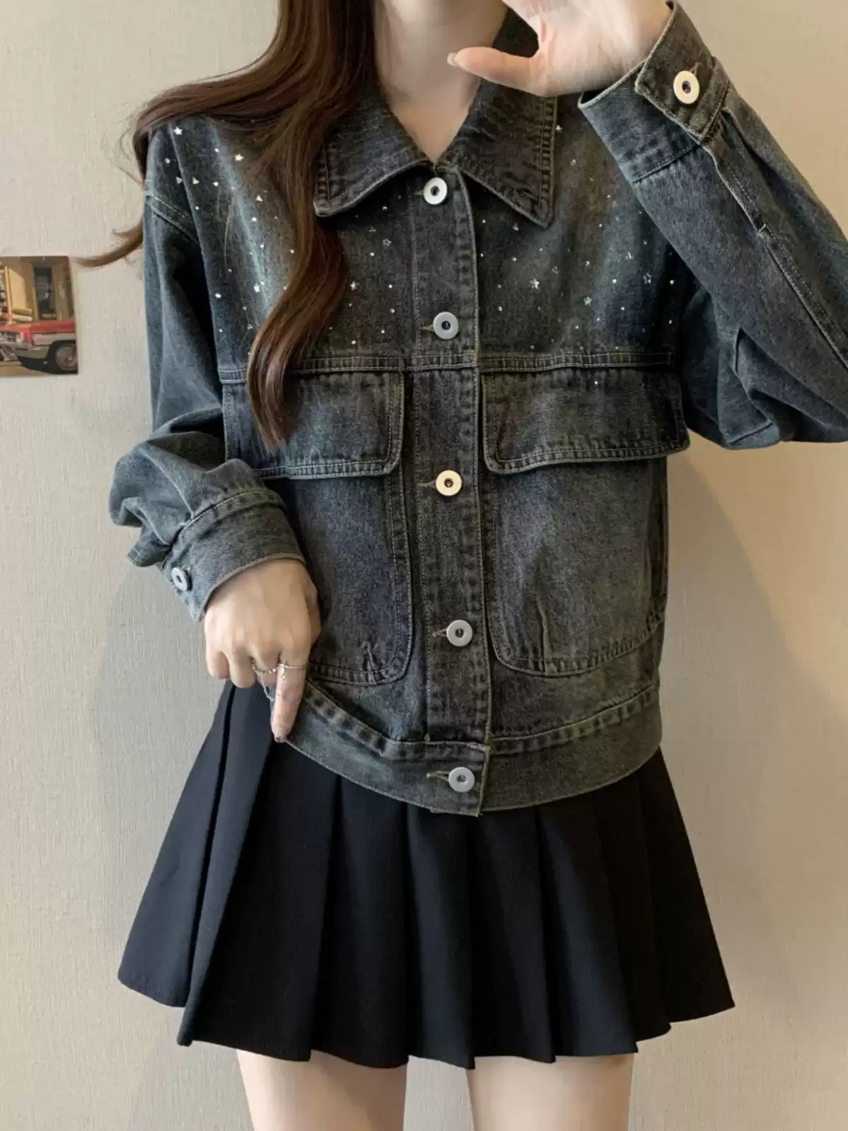 Spring American Retro Diamond Denim Jacket