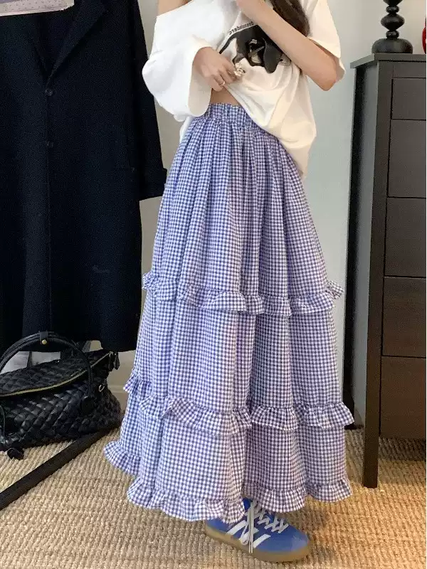 Summer new blue plaid cake skirt