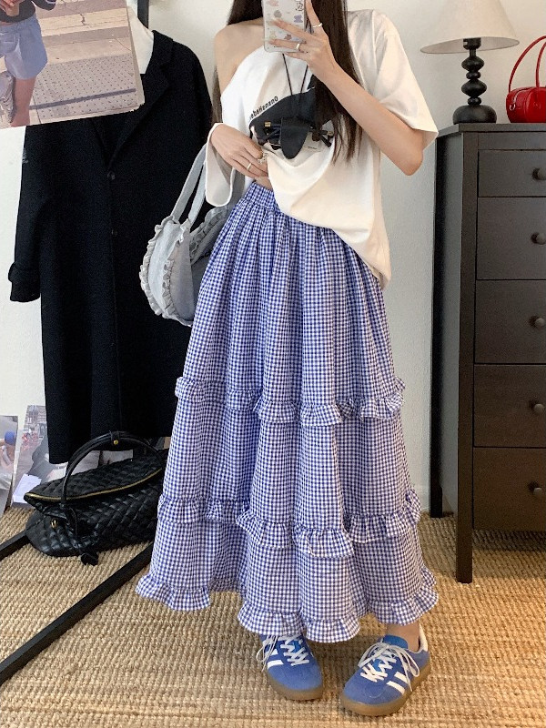 Summer new blue plaid cake skirt