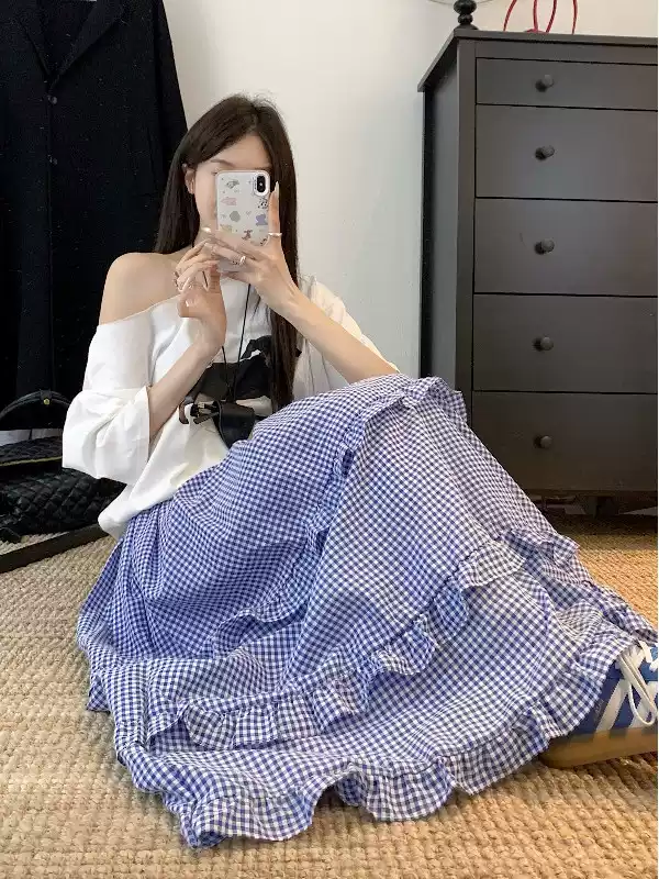 Summer new blue plaid cake skirt