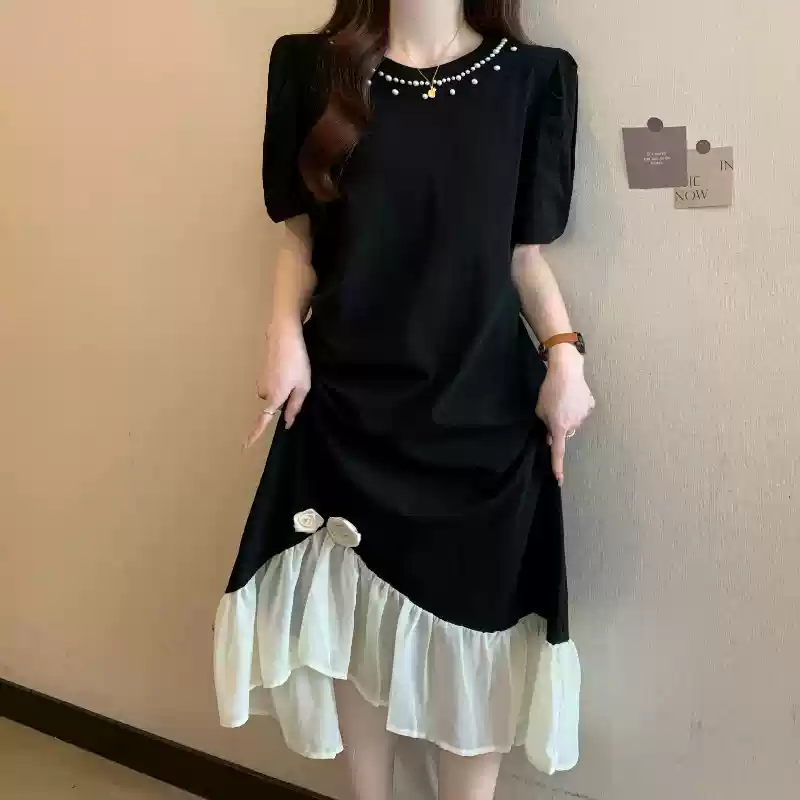 Fashion Beaded Mesh Short Sleeve Dress