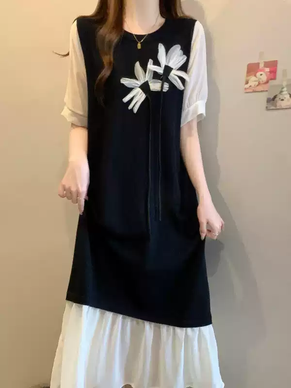 3D Flower Stitching Short Sleeve Dress