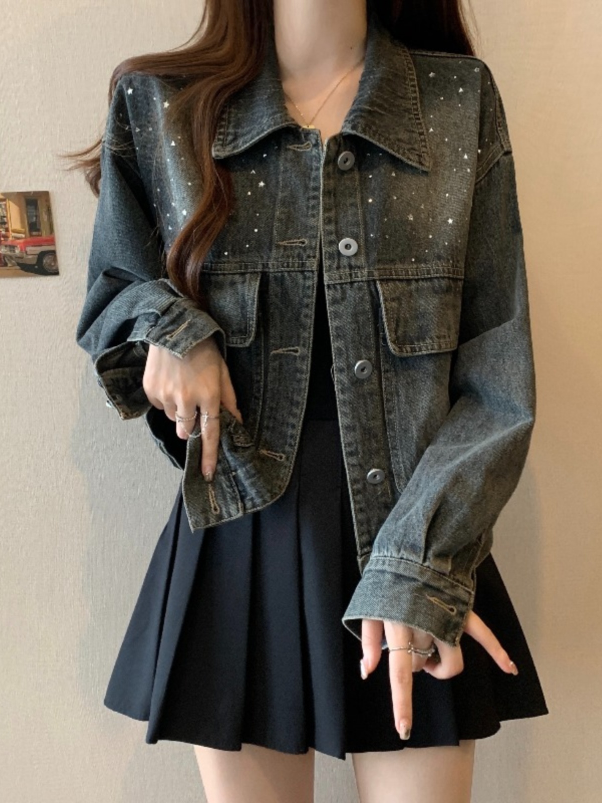 Spring American Retro Diamond Denim Jacket