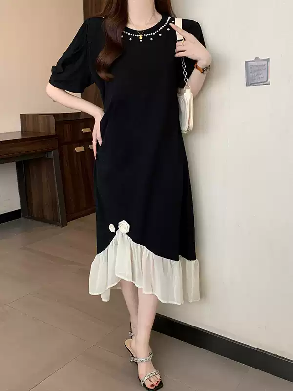 Fashion Beaded Mesh Short Sleeve Dress