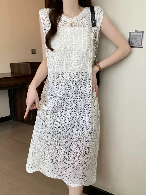 French ice silk hollow knitted vest dress