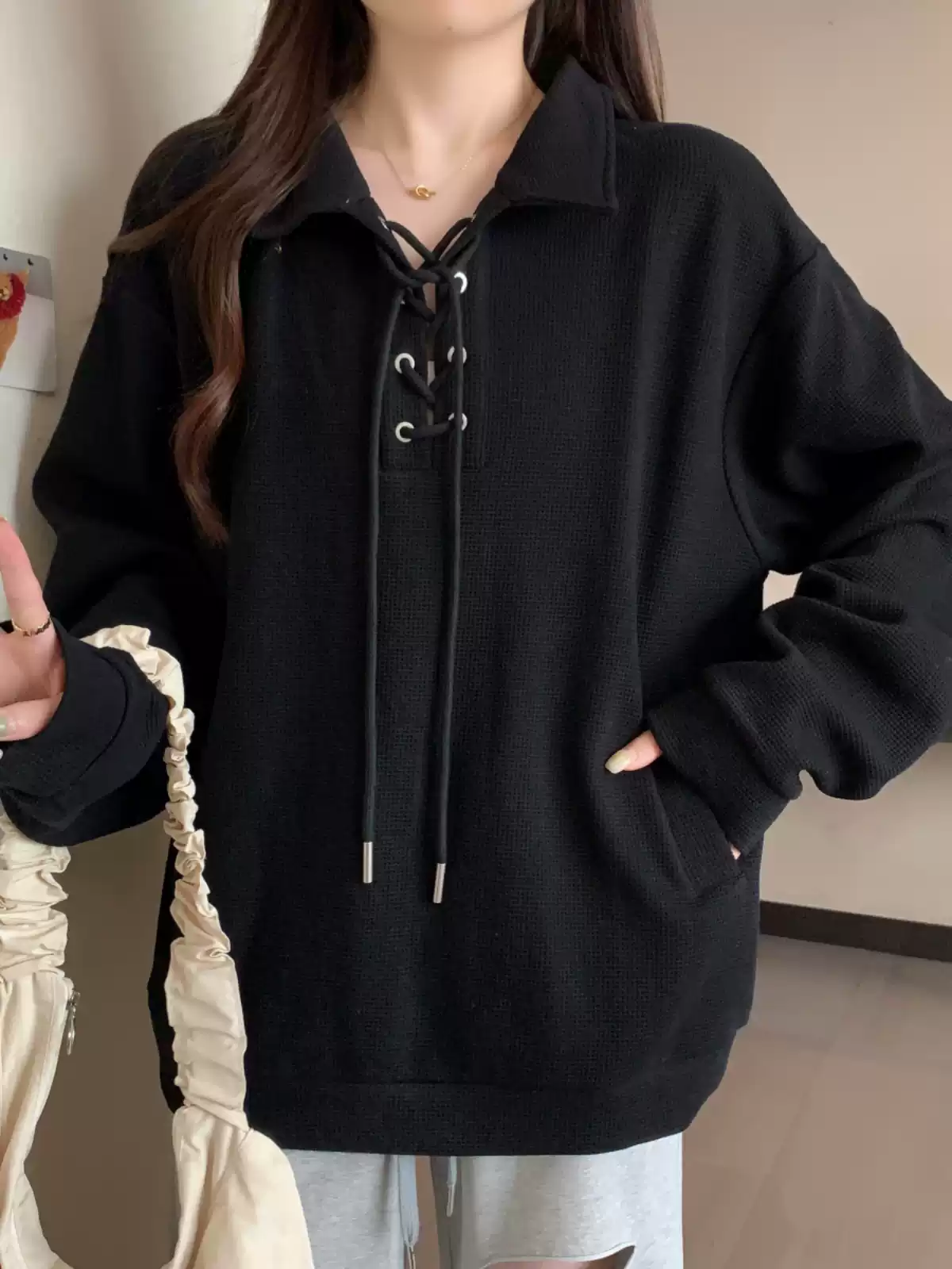 Polo collar straight shoulder sweatshirt