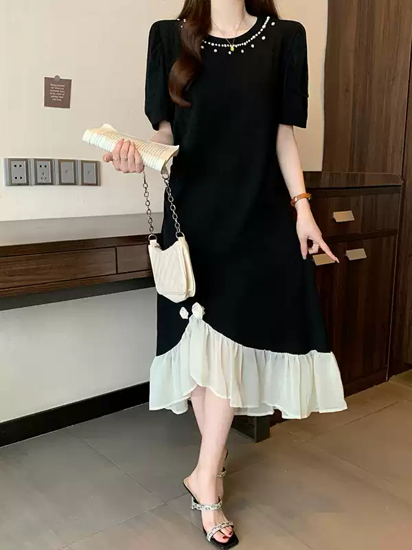 Fashion Beaded Mesh Short Sleeve Dress