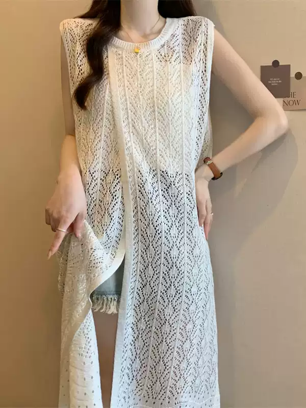 French ice silk hollow knitted vest dress