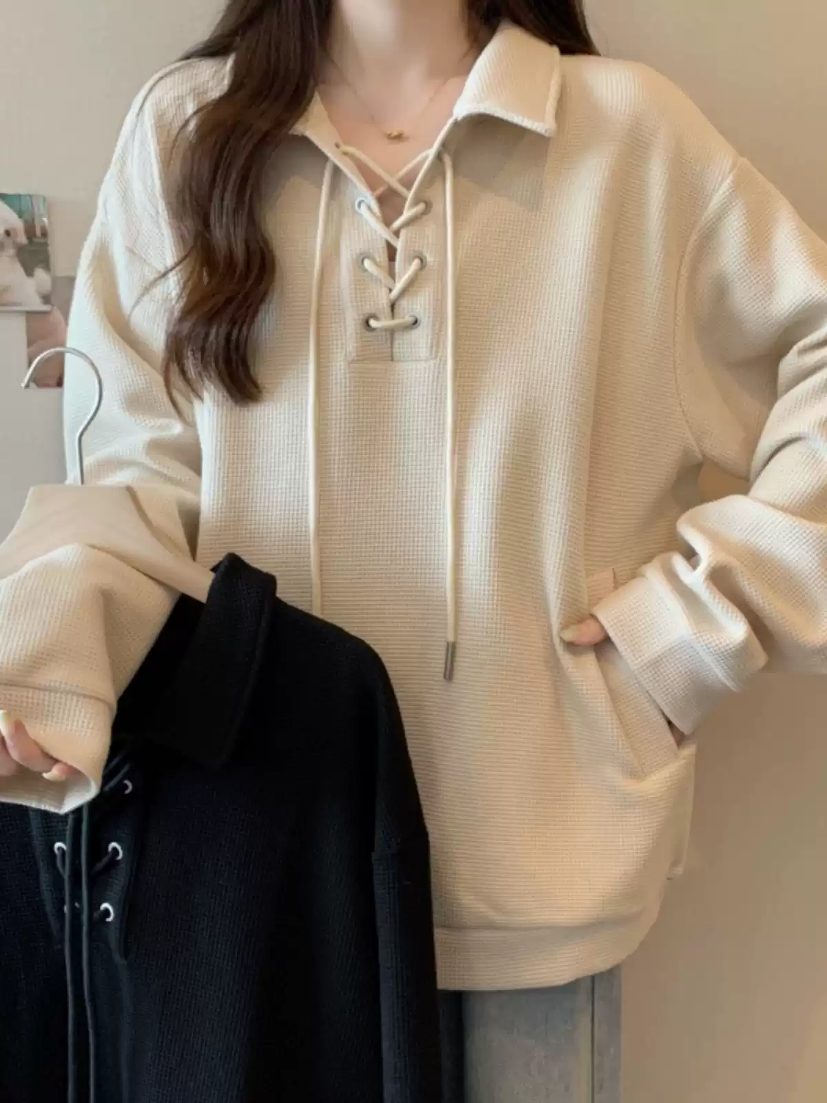 Polo collar straight shoulder sweatshirt