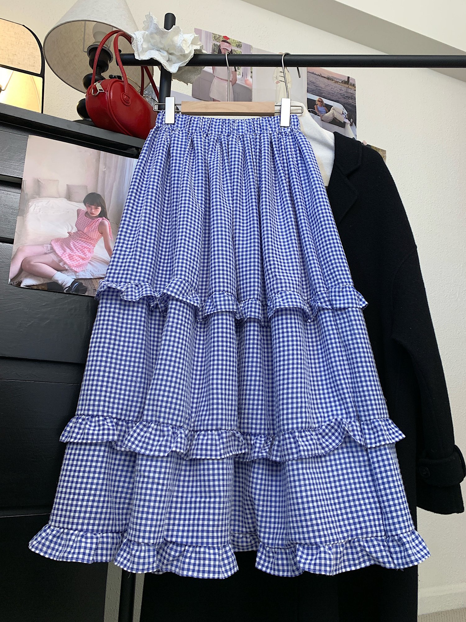 Summer new blue plaid cake skirt