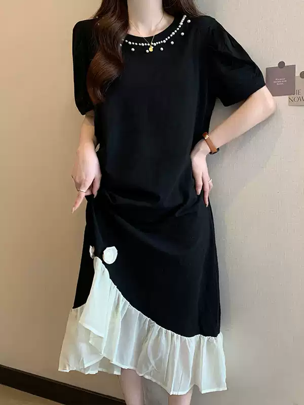 Fashion Beaded Mesh Short Sleeve Dress