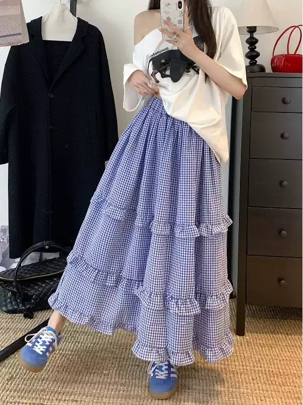 Summer new blue plaid cake skirt