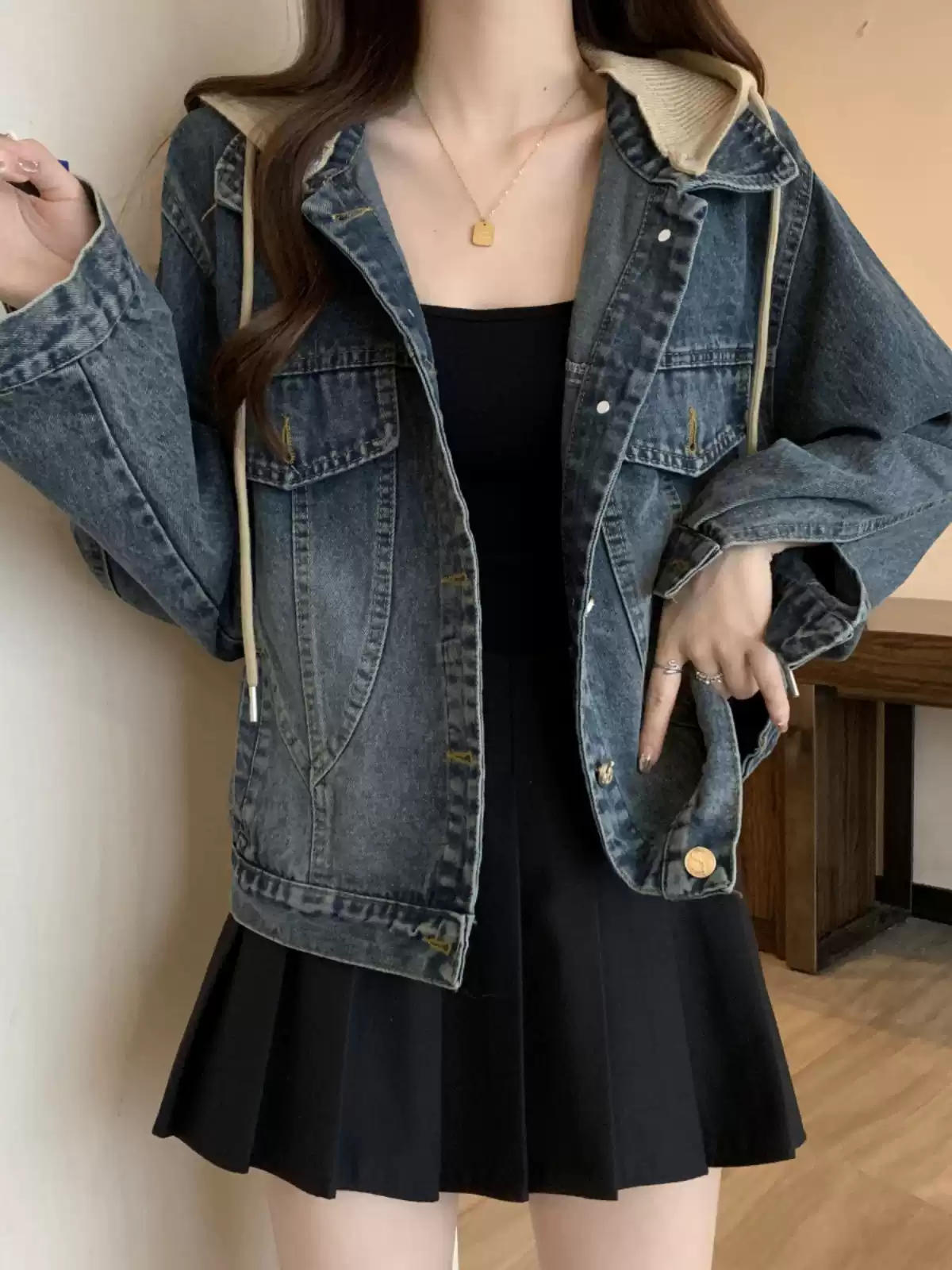 Temperament retro hooded denim jacket