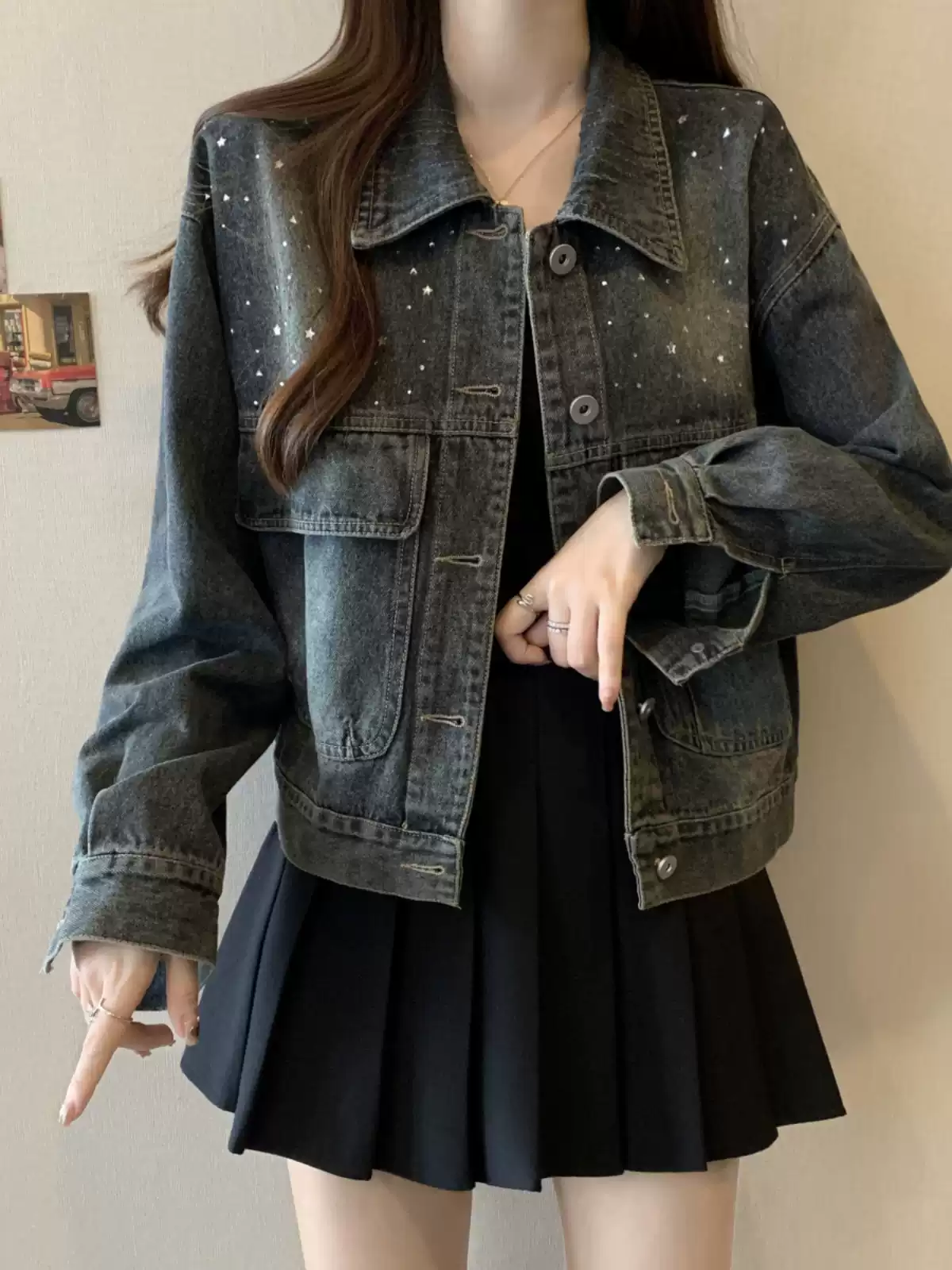 Spring American Retro Diamond Denim Jacket