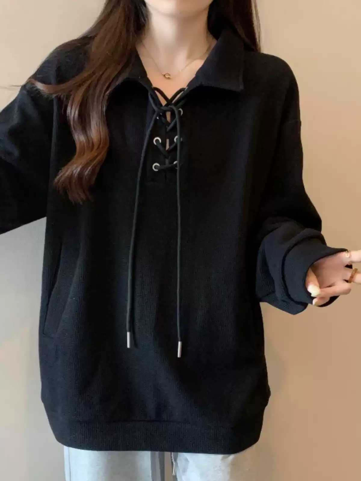 Polo collar straight shoulder sweatshirt