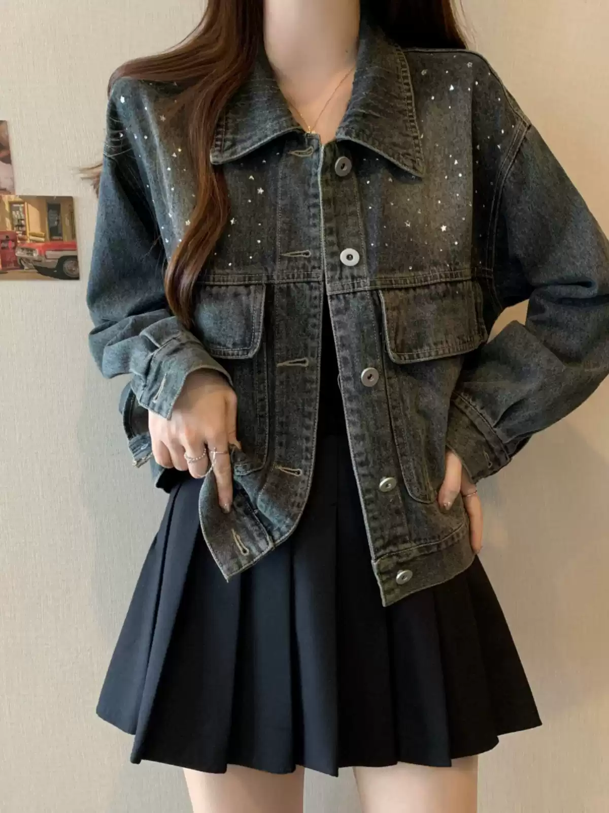 Spring American Retro Diamond Denim Jacket