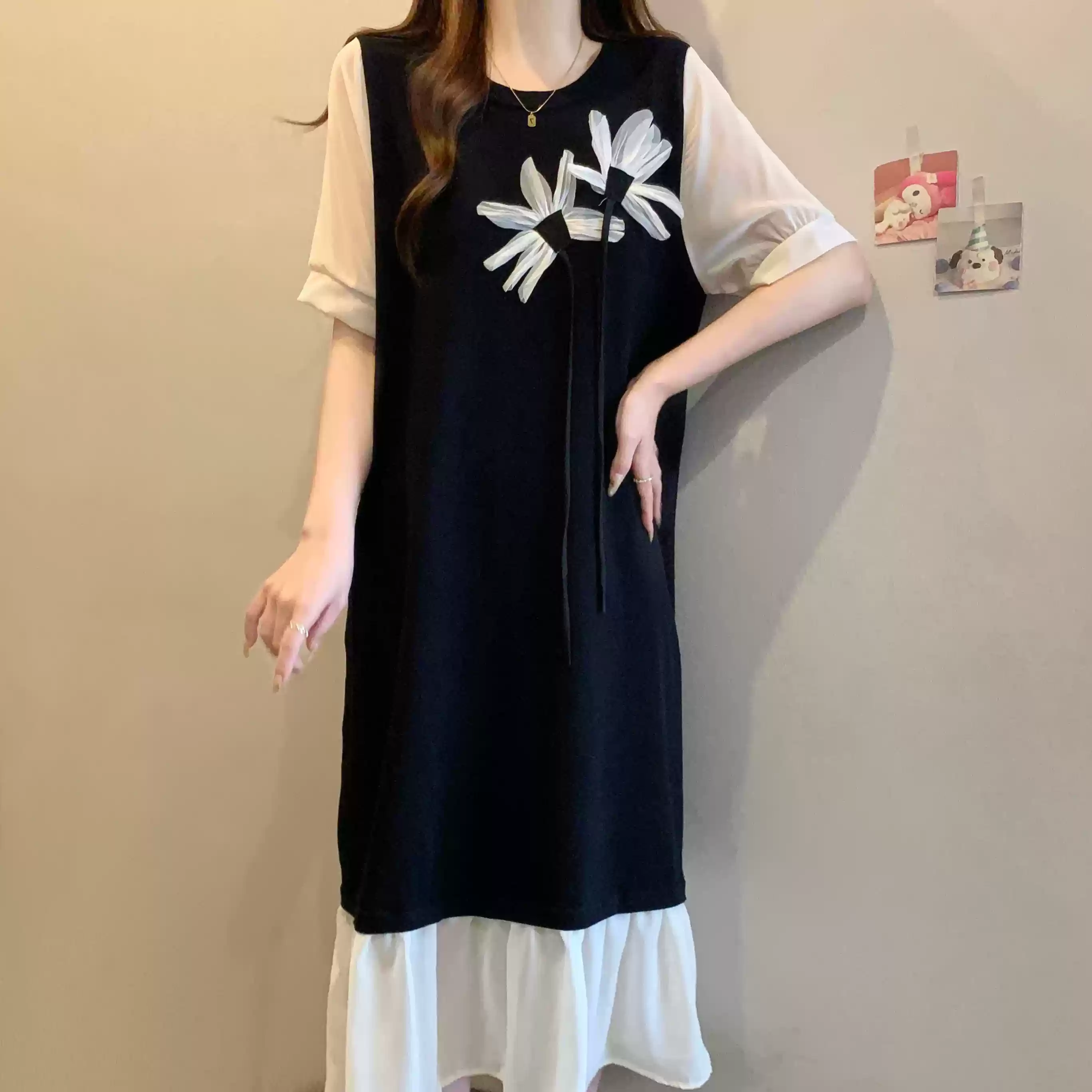 3D Flower Stitching Short Sleeve Dress