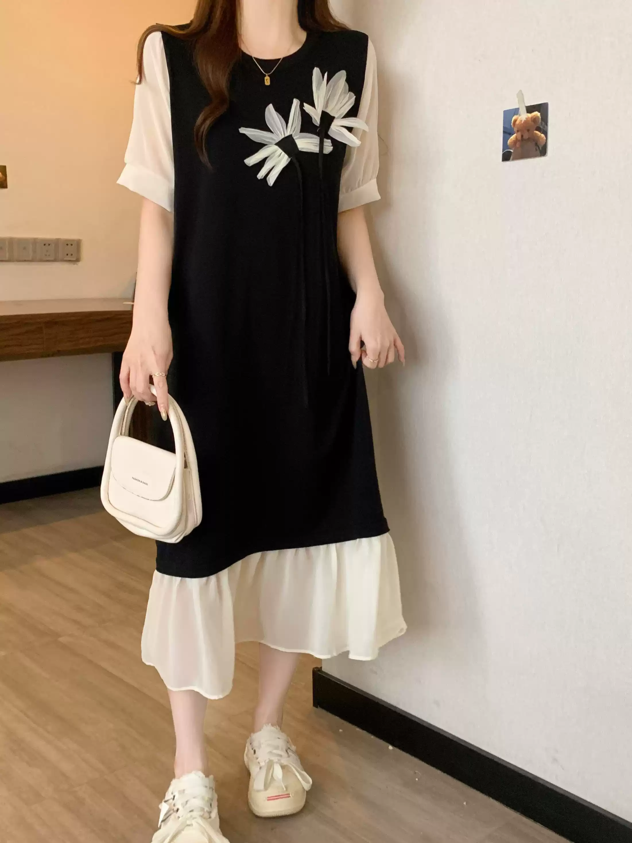 3D Flower Stitching Short Sleeve Dress