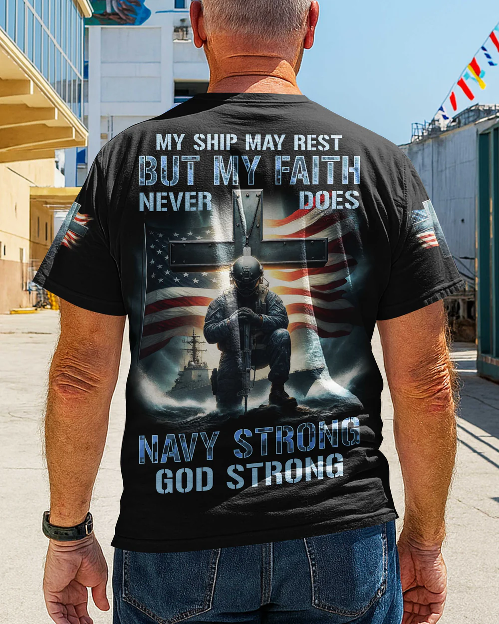 My Ship May Rest But My Faith Never Does Navy Strong God Strong All Over Print Pattern 100% Cotton T-Shirt