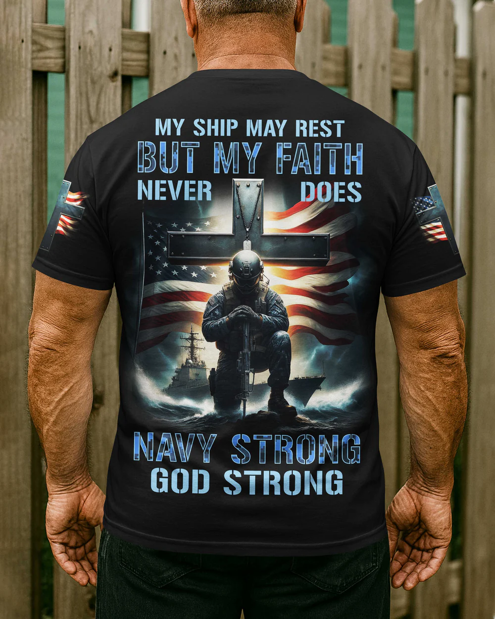 My Ship May Rest But My Faith Never Does Navy Strong God Strong All Over Print Pattern 100% Cotton T-Shirt