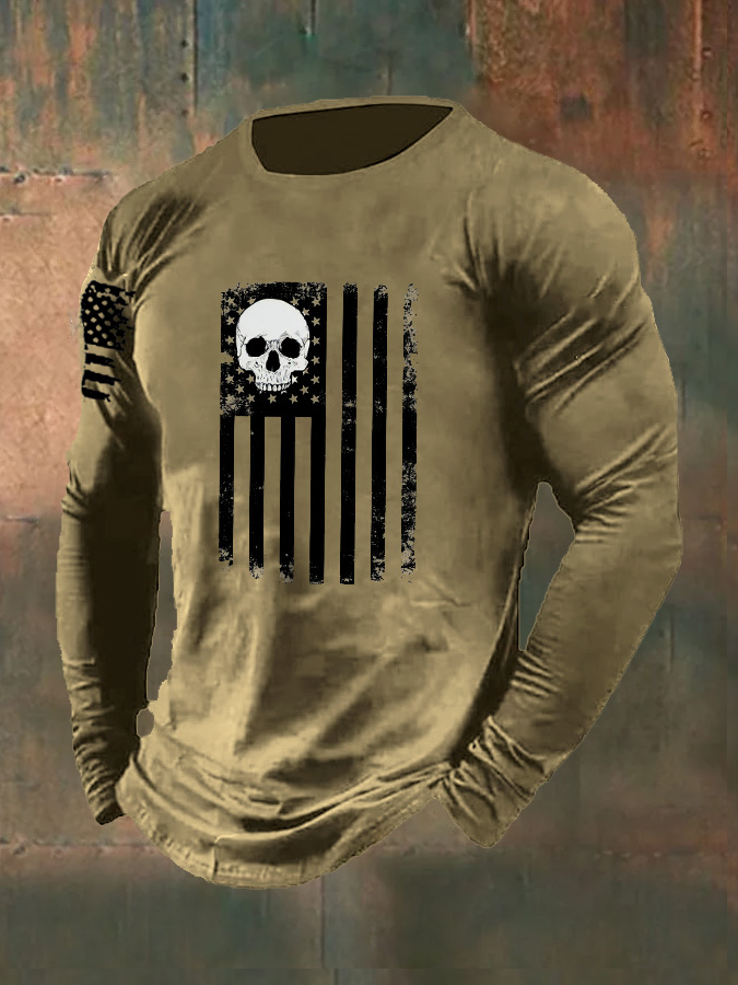 Men's Skull  American Flag  Pattern Long Sleeve T-Shirt