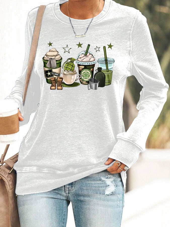 Women's Veteran Print Casual Long Sleeve Sweater
