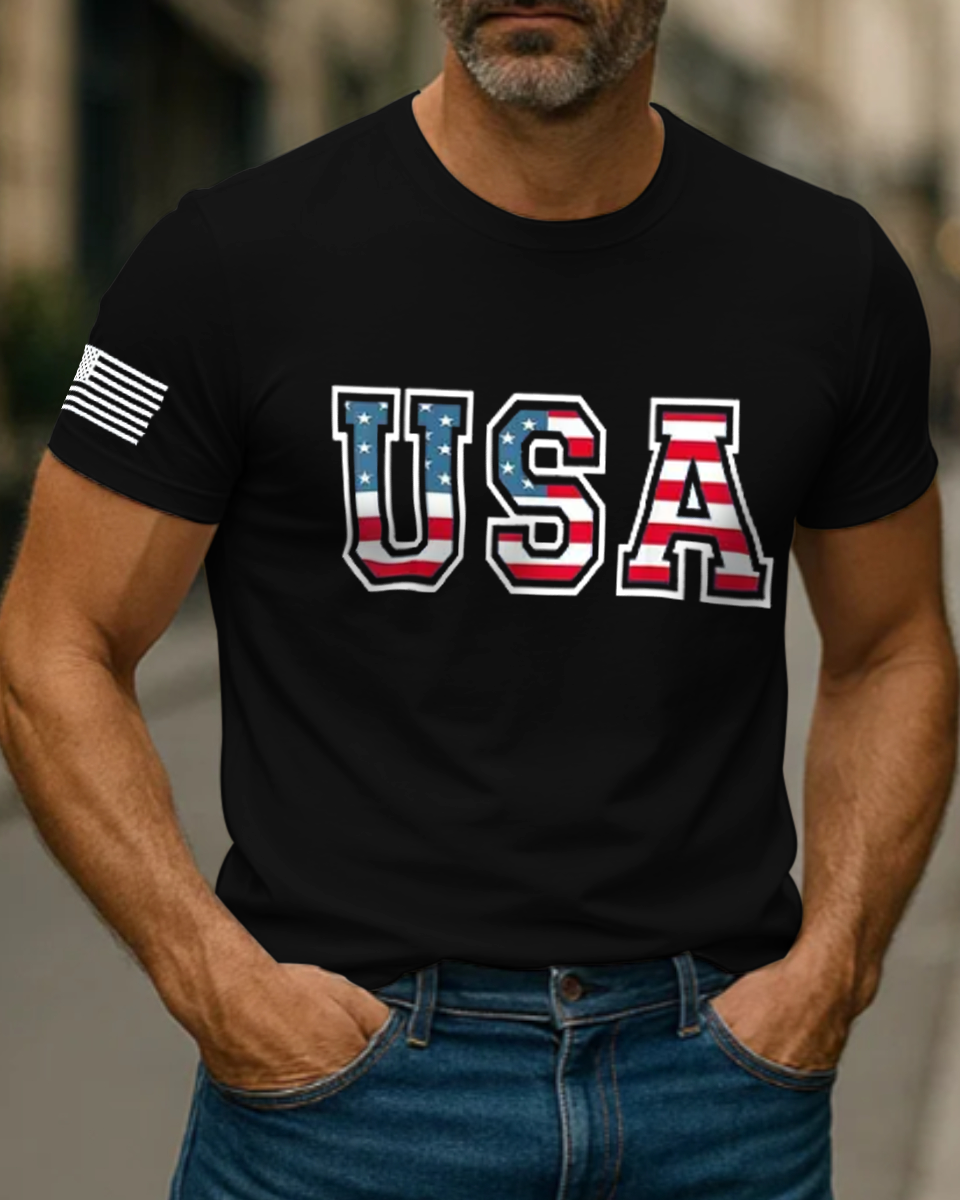 Men's Vintage USA 4th Of July Independence Day American Flag Patriotic Henley Collar Short Sleeve T-Shirt
