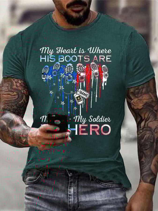 Men's My Heart Is Where His Boots Are My Son My Soldier My Hero Print T-shirt