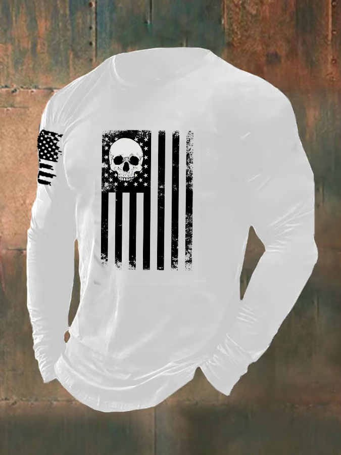 Men's Skull  American Flag  Pattern Long Sleeve T-Shirt