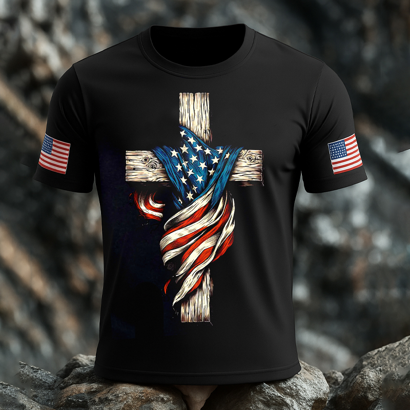 Patriotic Flag Faith Print Casual Short Sleeve T-Shirt