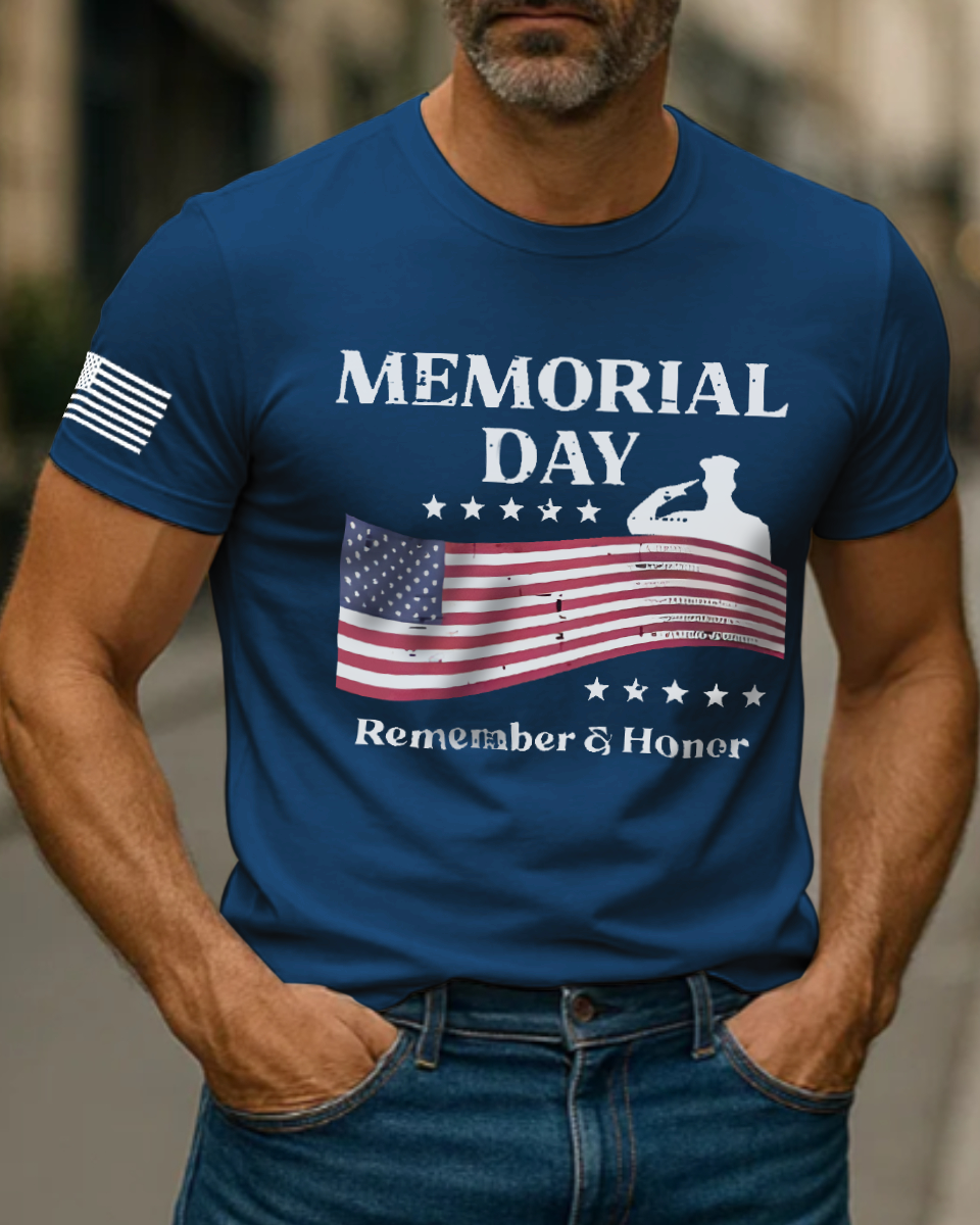 Men's Vintage Memorial Day Remember Honor Patriot American Flag Short Sleeve T-Shirt