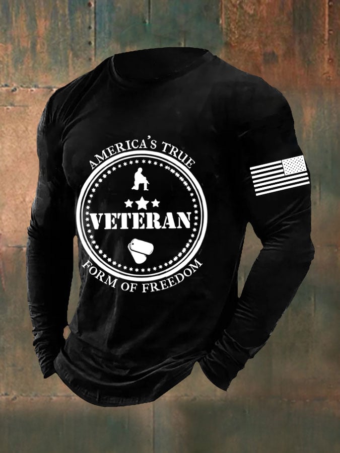Men's DD-214 America's True Form of Freedom Veteran American Flag Long Sleeve T-Shirt
