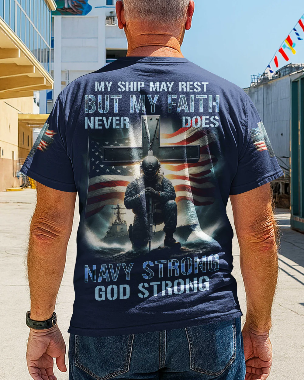 My Ship May Rest But My Faith Never Does Navy Strong God Strong All Over Print Pattern 100% Cotton T-Shirt