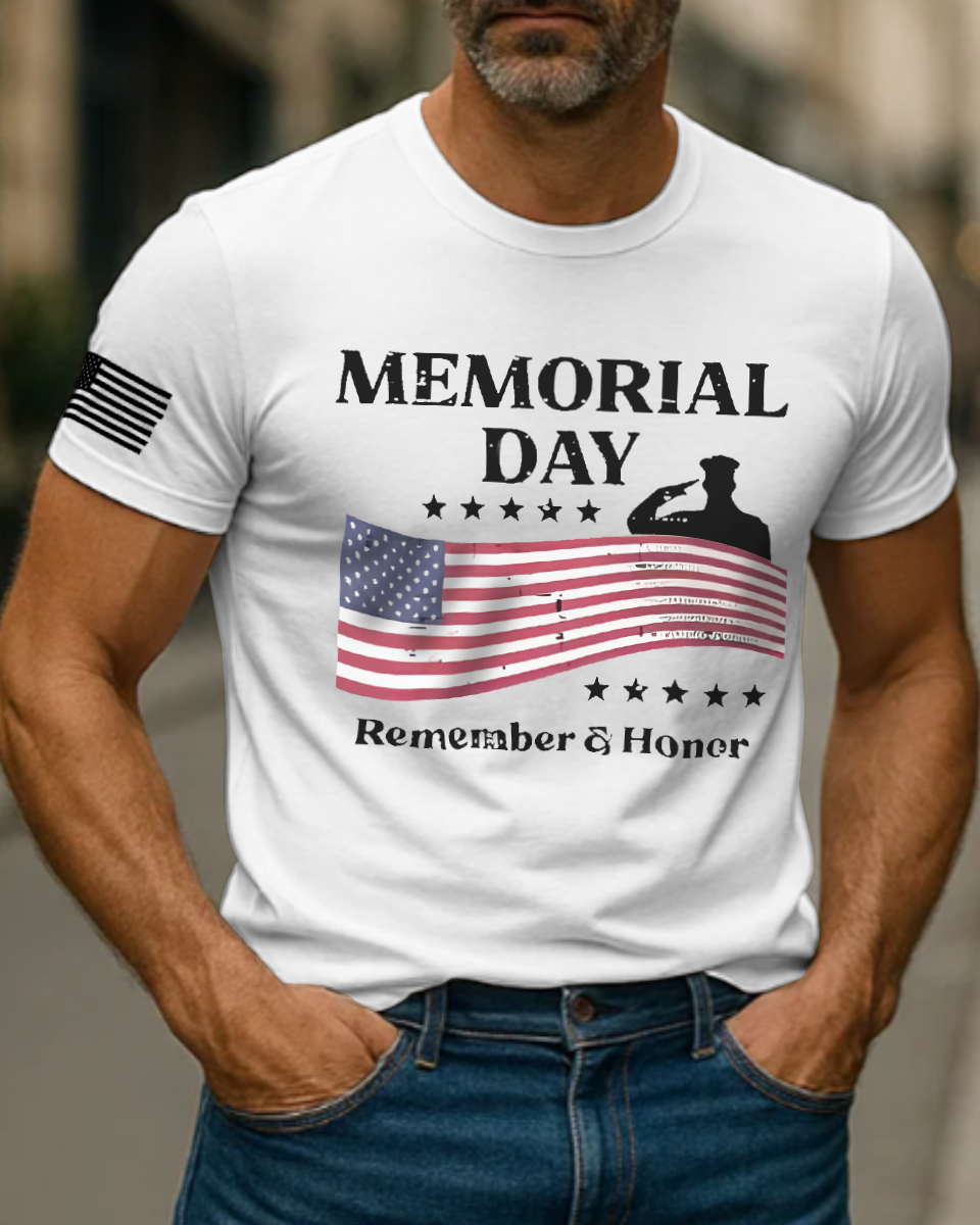 Men's Vintage Memorial Day Remember Honor Patriot American Flag Short Sleeve T-Shirt