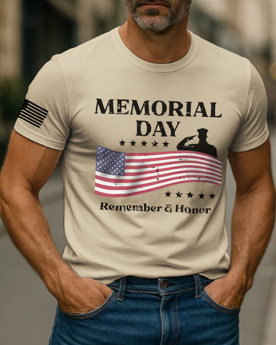 Men's Vintage Memorial Day Remember Honor Patriot American Flag Short Sleeve T-Shirt