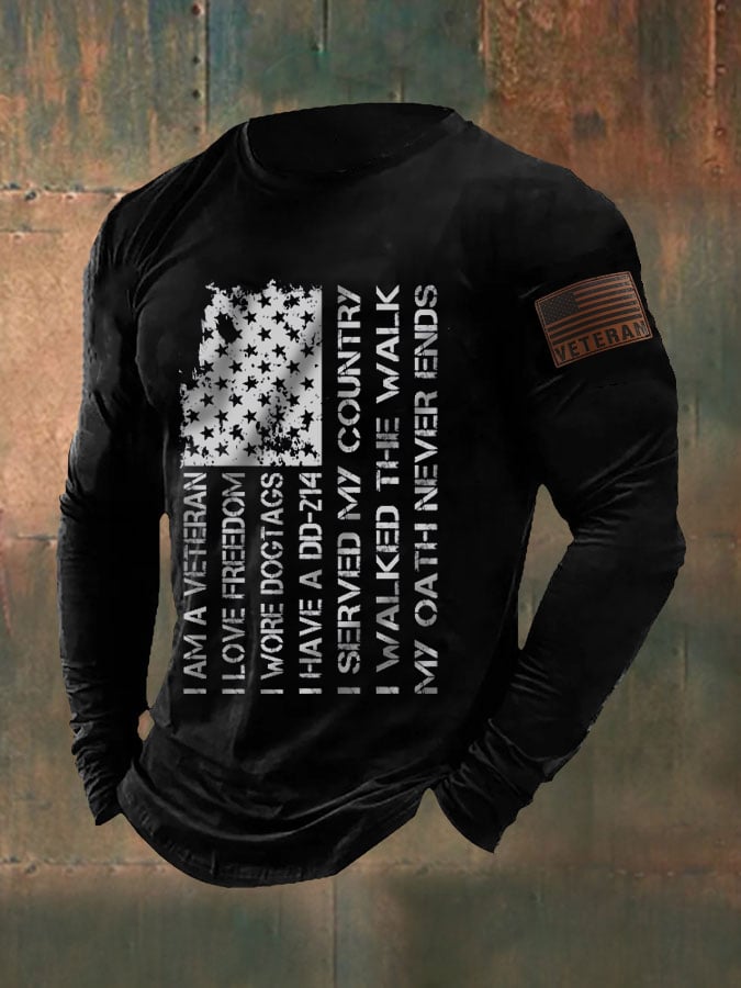 Men's Veteran Flag Printed Casual Long Sleeve T-Shirt