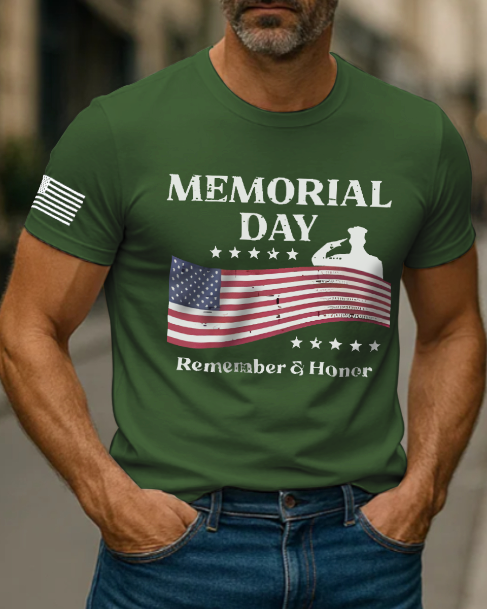 Men's Vintage Memorial Day Remember Honor Patriot American Flag Short Sleeve T-Shirt