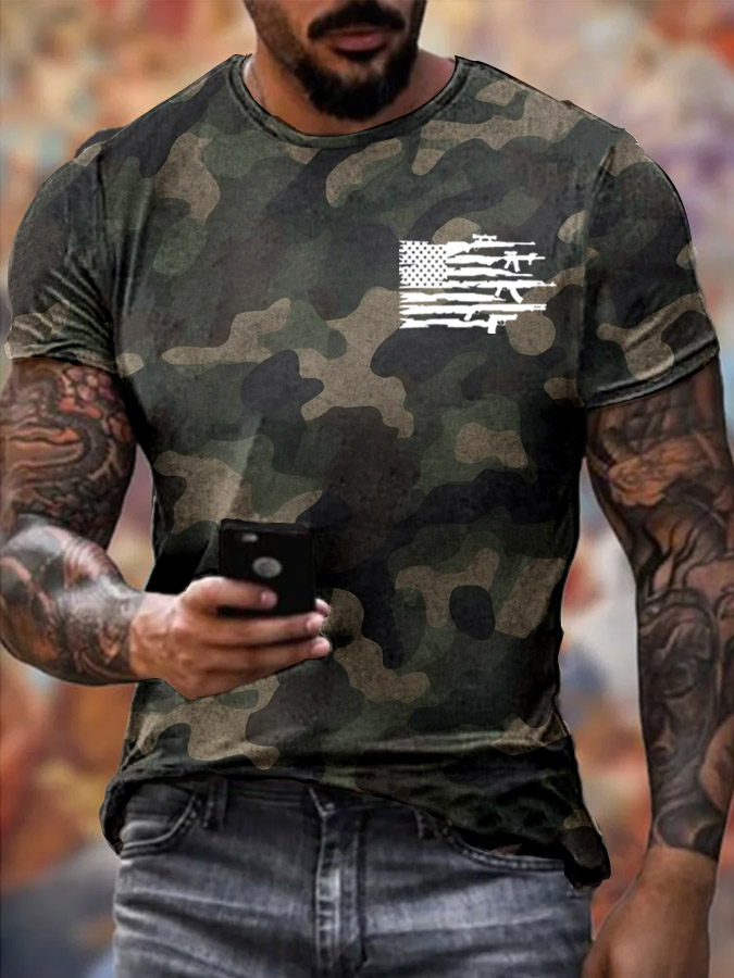 Men's Veterans Day American Flag Gun Pattern  Pattern Cotton T-Shirt