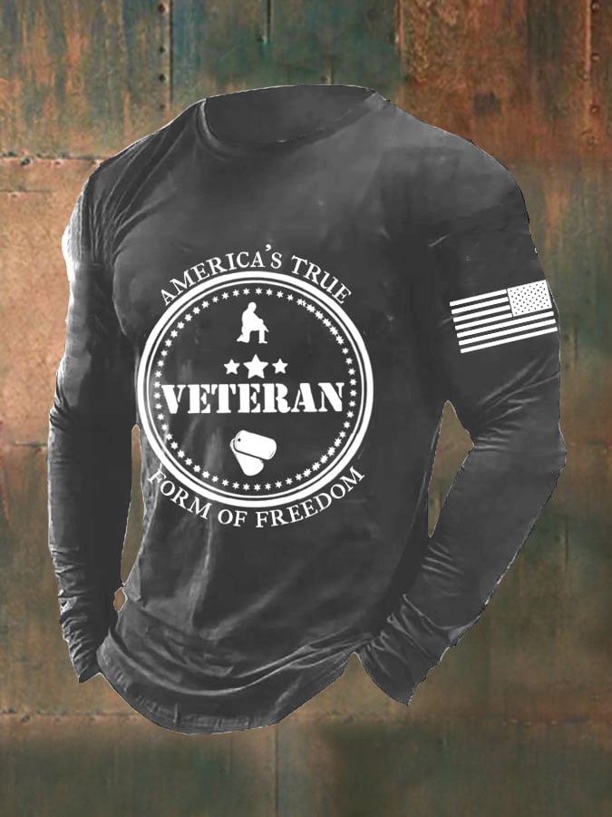 Men's DD-214 America's True Form of Freedom Veteran American Flag Long Sleeve T-Shirt