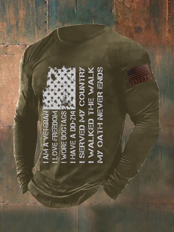 Men's Veteran Flag Printed Casual Long Sleeve T-Shirt