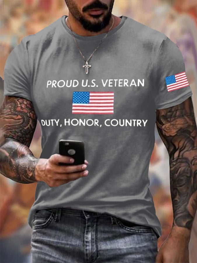 Men's Veteran's Flag Proud U.S. Veteran Duty, Honor, Country Print Short Sleeve T-shirt