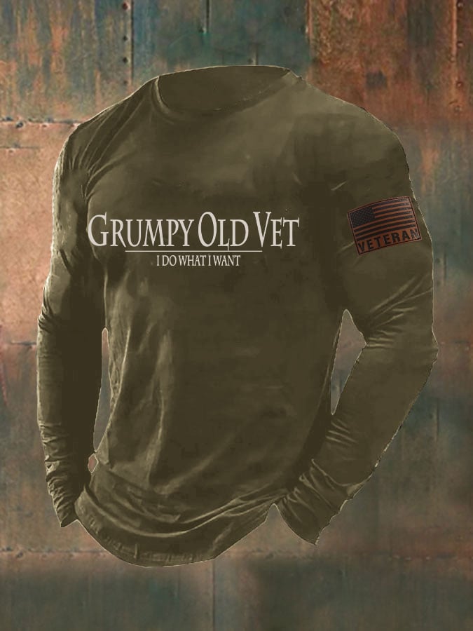 Men's Veteran Flag Printed Casual Long Sleeve T-Shirt