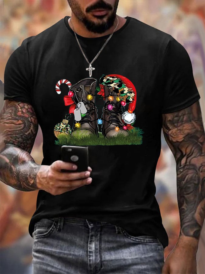 Men's Veteran's Christmas Boots Print Short Sleeve T-shirt