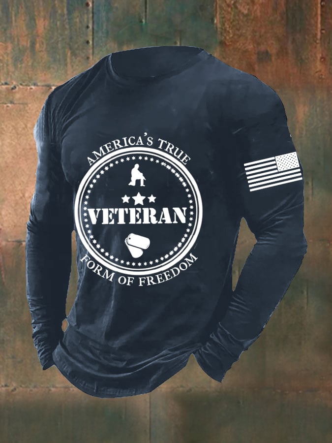 Men's DD-214 America's True Form of Freedom Veteran American Flag Long Sleeve T-Shirt