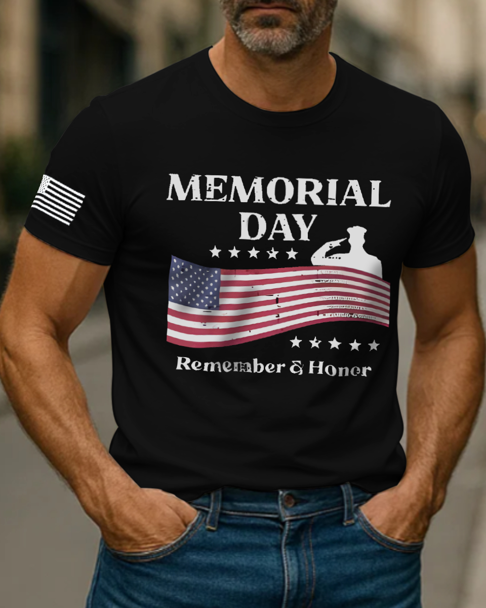 Men's Vintage Memorial Day Remember Honor Patriot American Flag Short Sleeve T-Shirt