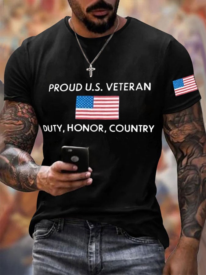 Men's Veteran's Flag Proud U.S. Veteran Duty, Honor, Country Print Short Sleeve T-shirt
