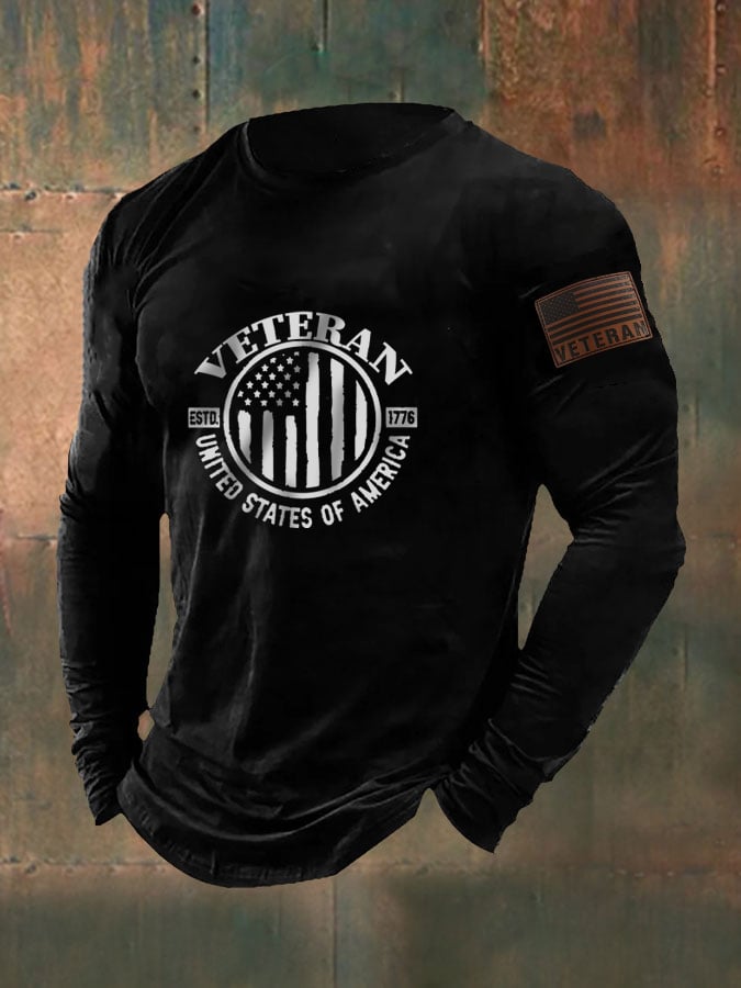 Men's Veteran Flag Printed Casual Long Sleeve T-Shirt