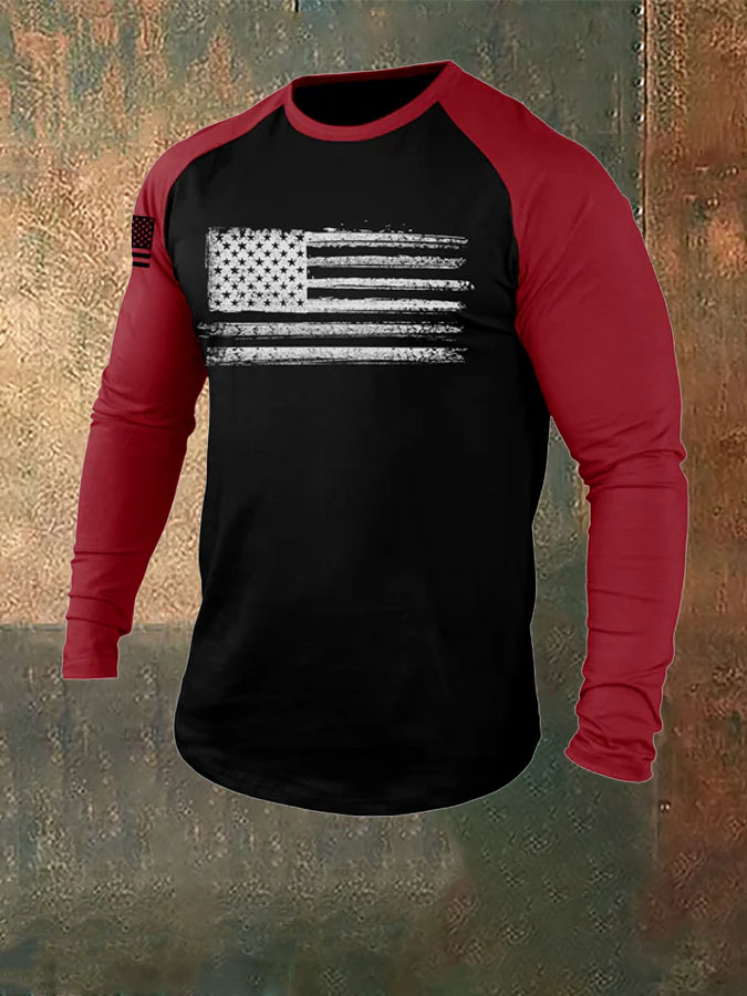 American Flag 100% Cotton Raglan Graphic Long Sleeve T-Shirt