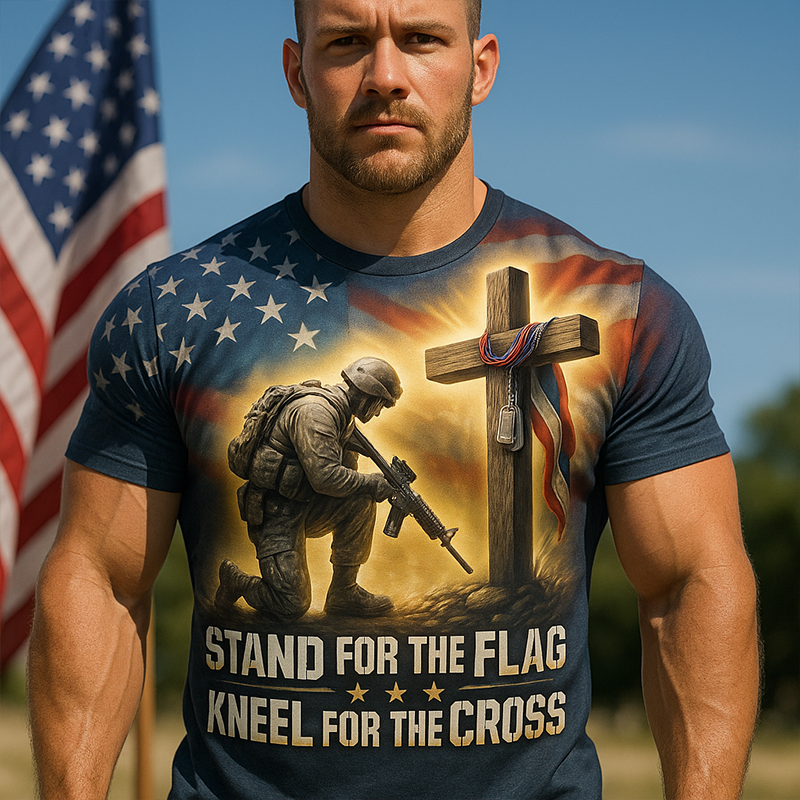 Stand For The Kneel For The Cross Flag Print T-Shirt