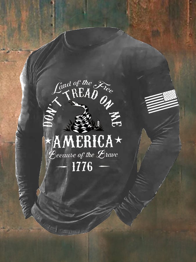 Men's DD-214 Veteran Land Of The Free Don't Tread On Me America Because Of the Brave American Flag Long Sleeve T-Shirt